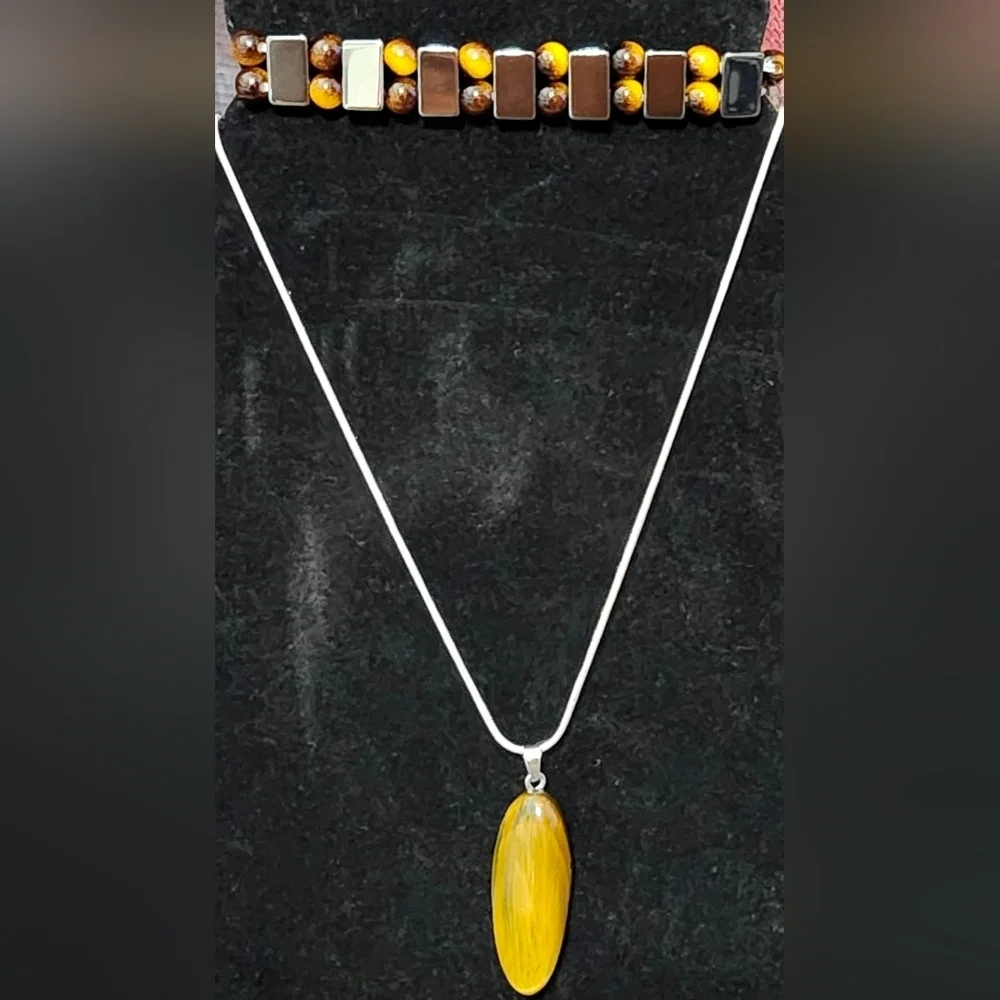 2pc .925 Silvery Chain W- Natural Tiger's Eye Quartz Pendant & Handmade Bracelet